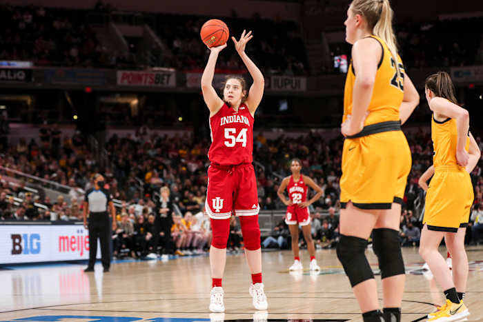 Mackenzie Holmes shoots a free throw in Indiana's Big Ten Tournament game versus Iowa.